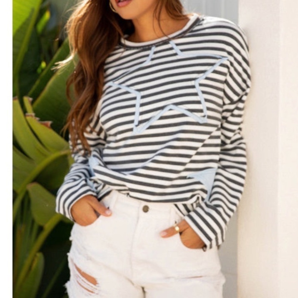 Oli & Hali Star Patch Striped Sweatshirt Distressed Boutique Brown Large - Picture 2 of 12